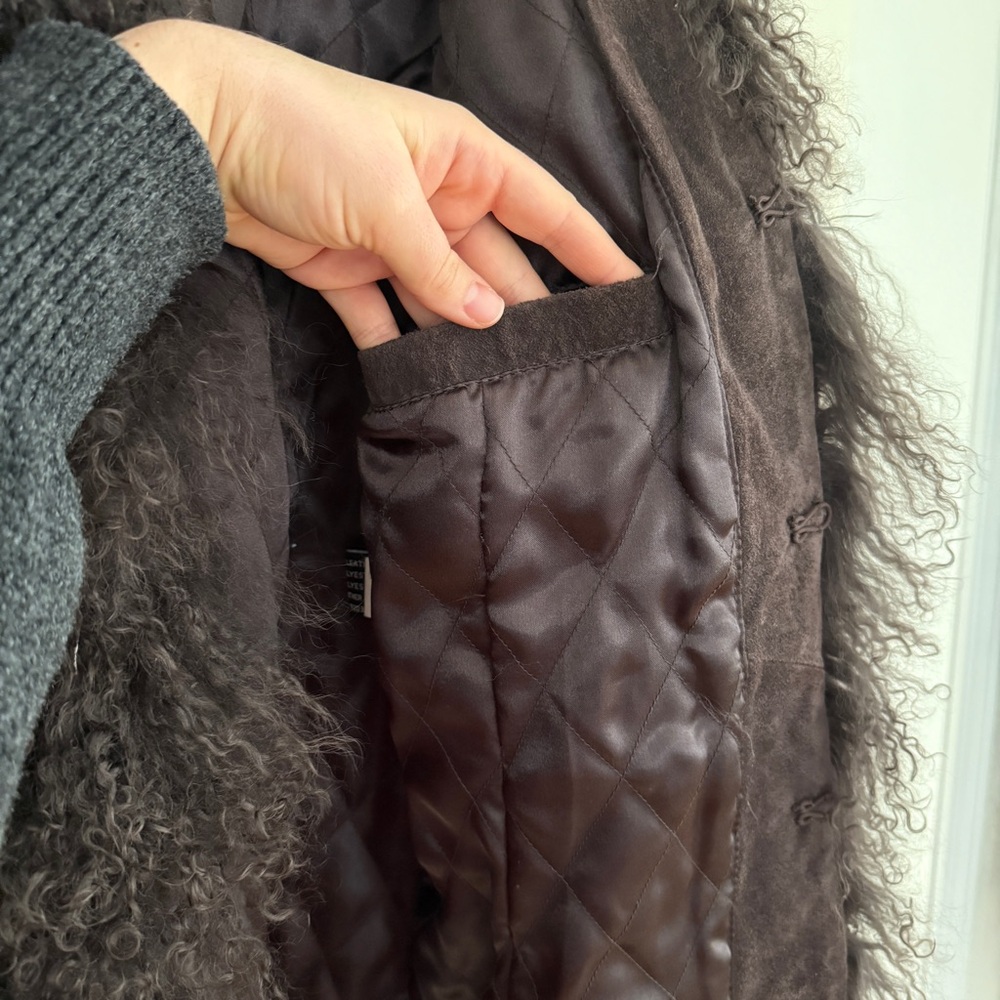 Y2K Genuine Suede Leather Chocolate Brown long Coat with suede stitch Lamb Fur - Picture 8 of 11